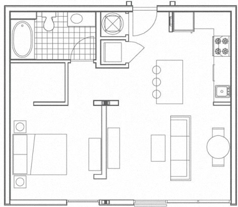 Floor plan for 1 bed, 1 bath, 685 sqft